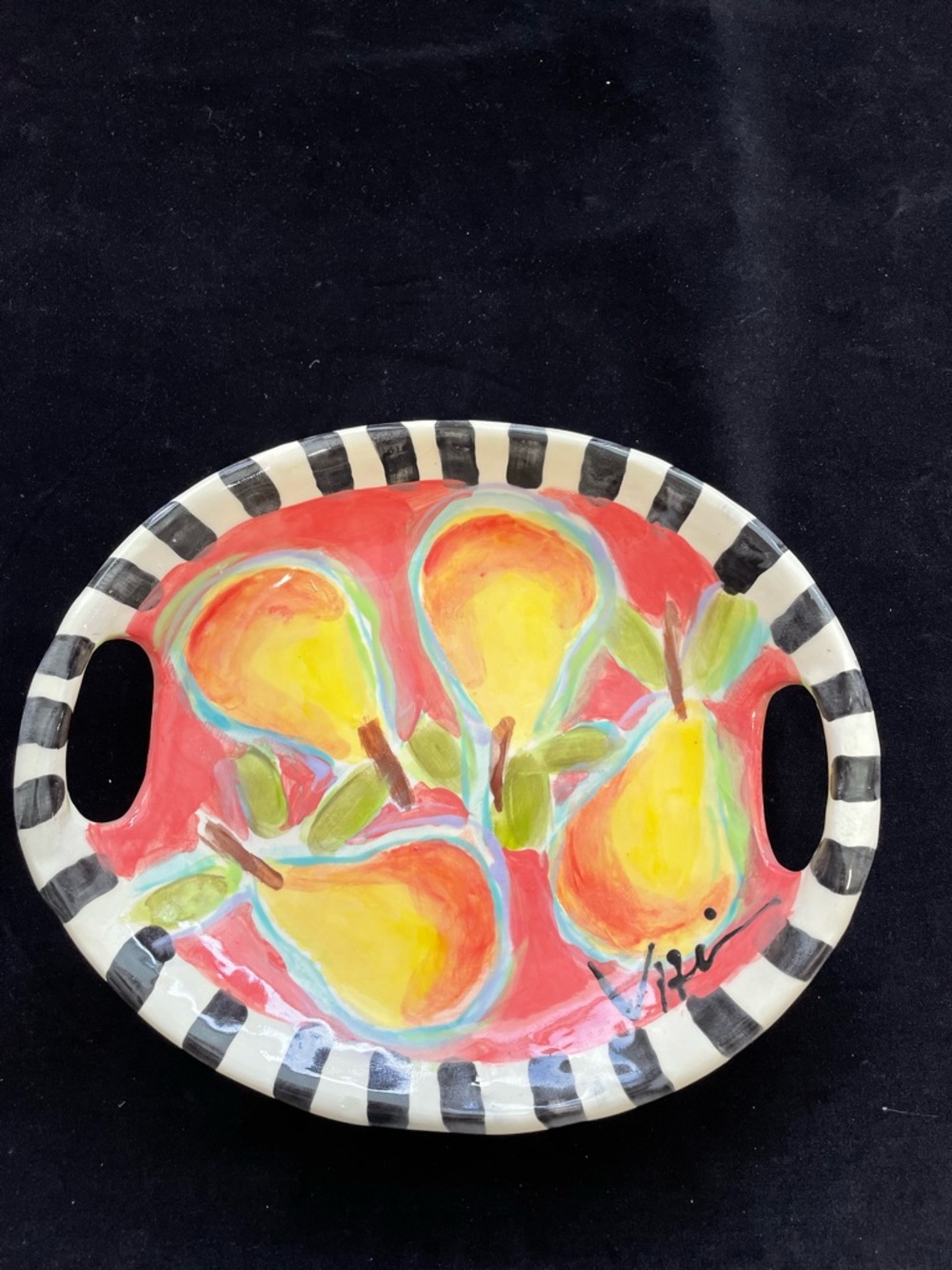 Handmade Ceramic Serving Tray w/ Handles Pears On Salsa” Design 12”x10”